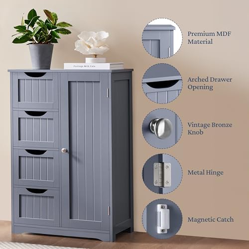 Yaheetech Small Bathroom Storage Cabinet with 4 Drawers & Door, Gray - Image 6
