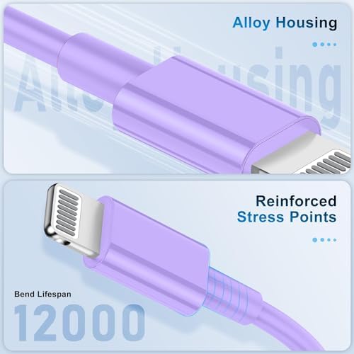 3 Pack Apple MFi Certified Charger Cable 6Ft, Lightning to USB Cable Cord 6 Foot, 2.4A Fast Charging,Apple Phone 6 Feet Long Chargers for iPhone 14/13/12/11/X/XS/XR/SE/8/7/6/5 Plus Pro Max Mini Purple - Image 3