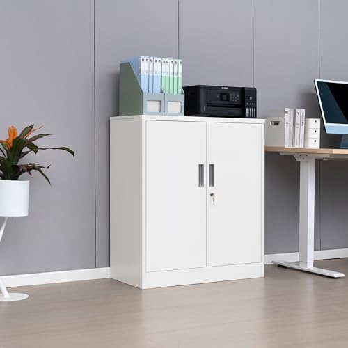 Wanfu Metal Storage Cabinet, 36" H Locking Storage Cabinet with 2 Adjustable Shelves for Garage, Home, Office, Utility Room-White - Image 5