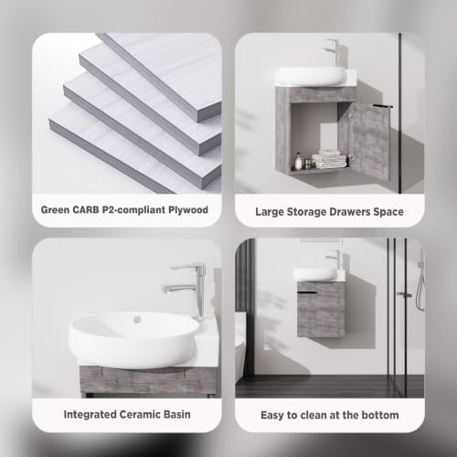 Yishang 16 Inch Grey Wall Mounted Floating Bathroom Vanity with Sink Combo - Image 6