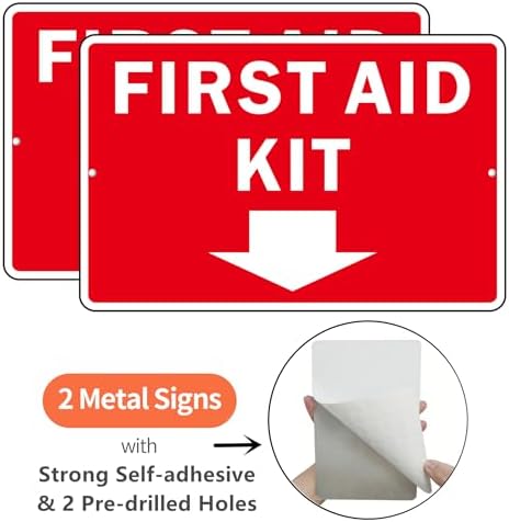 First Aid Sign, (2 Pack) Self Adhesive First Aid Kit Sign for Wall, Aluminum Metal Signs With 2 Pre-drilled Holes (9 x 6 inches, Red/White) - Image 2