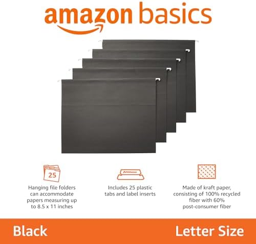 Amazon Basics Hanging File Folders with Adjustable Tabs for Document Organization, Letter Size, 8.5x11 inches, Black, 25-Pack - Image 2