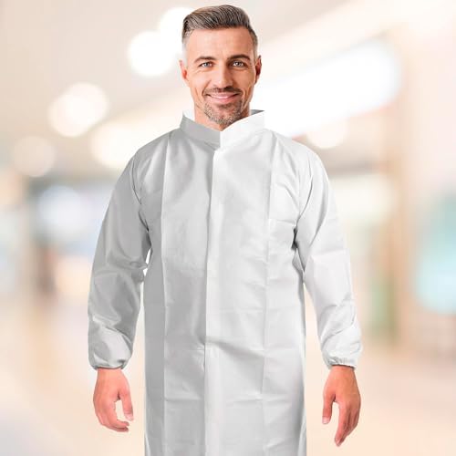 AMZ Medical Supply Disposable Lab Coats Large, 60gsm Microporous Long Sleeve, Elastic Cuffs, Hook & Loop Closure, Mandarin Collar, White, No Pockets, Pack of 10 - Image 6