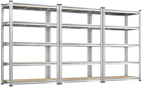 REIBII Garage Shelving, 5 Tier Storage Shelves Load 2400LBS, Adjustable Garage Shelving Heavy Duty, Metal Shelving Unit with Waterproof Columns, 35.5" W x 11.9" D x 72" H, Galvanized, 3 Pack by REIBII