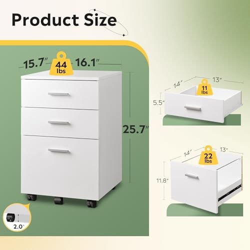 DEVAISE 3 Drawer Wood File Cabinet, Under Desk Filing Cabinet, White - Image 3