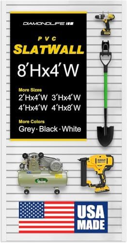 Heavy Duty 8'H x 4'W PVC Garage SlatWall Storage System (with Endcaps & Screws) - Modular Slat Wall Paneling for Garage Wall Organizer - Interlocking SlatWall Panels for Home & Commercial Use (White) by DLDIRECT