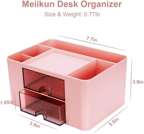 Meiikun Plastic Pen Organizer, Multifunctional Desk Organizer with 2 Drawers, 4 Compartments & a Top Tray, Pencil Holder Desktop Organizers and Accessories for Office, 7.7" x 5.5" x 3.9" (Pink) - Image 2