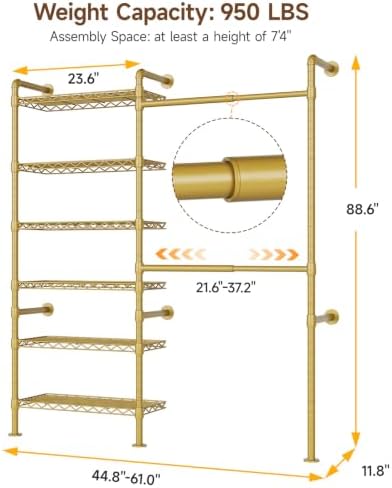 ONBRILL H2 Wall Mounted Clothes Rack, Expandable Metal Closet System(Gold) - Image 2