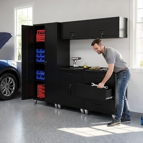 Garage Cabinet System | Heavy Duty Steel All-in-One Modular Garage Cabinet Set for Ultimate Workshop Organization | Easy Assembly Garage Storage Cabinets & Tool Bench by VIYET