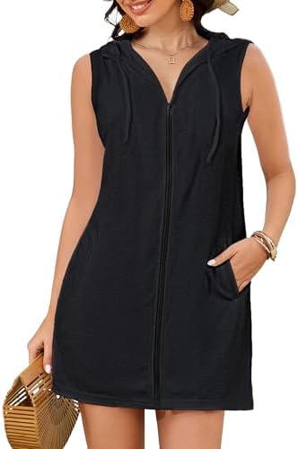 Bsubseach Women Terry Cloth Swim Cover Up Sleeveless Zipper Beach Robe by Bsubseach
