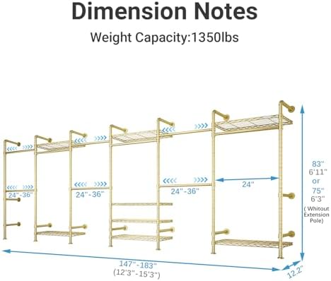 Timate F6 Wall Mounted Clothes Rack - Expandable Industrial Pipe Closet System, Heavy Duty Hanging Garment Rack, Closet Organizer & Storage Solution for Wardrobe, Bedroom,Walk-in Closets,Gold - Image 4