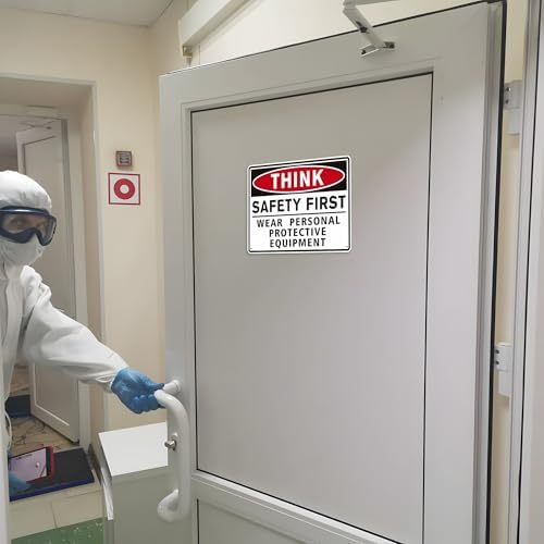 Think Safety First Sign Stickers,Waterproof Durable Wear Personal Protective Equipment Warning Sign,Safety Signs for Workplace, Laboratory Construction Area& Industry Door (Red) - Image 6