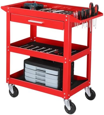 TUFFIOM 3 Tier Rolling Tool Cart on Wheels with Drawer, 330 LBS Capacity, Heavy Duty Commercial Utility Tool Service Cart, Tool Organizer for Mechanic, Garage, Warehouse & Repair Shop by TUFFIOM