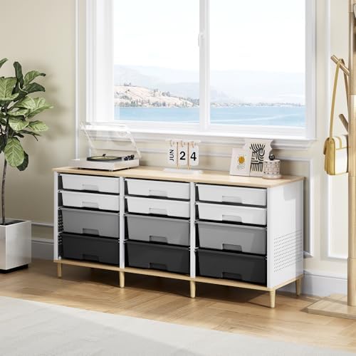 TOOLF 12 Drawers Storage Cabinet with Wooden Top and Plastic Bins, Grey - Image 2