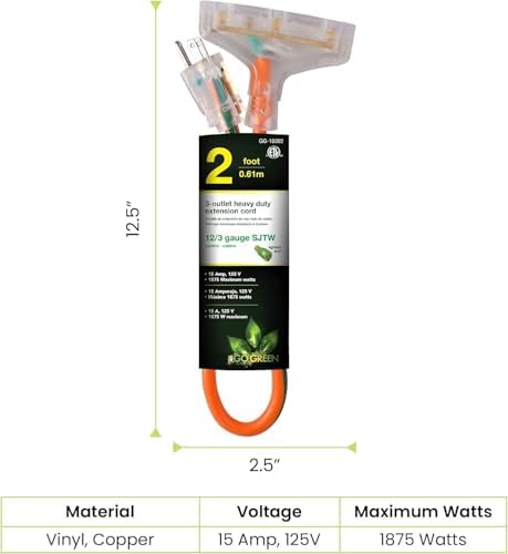 GoGreen Power Inc. (G-15302-2) 12/3 2' 3 Outlet Heavy Duty Extension Cord - Orange, 2ft, 2 Pack - Image 2