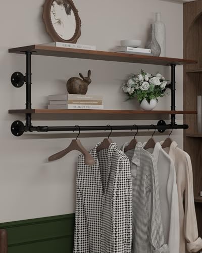 Clothes Rack 48in, Wall Mounted Garment Rack with Real Walnut Wood Shelf, Heavy Duty Hanging Clothes Rack, Multi-Purpose Hanging Rod, Space-Saving Closet Storage (Walnut, 2T48IN) by INDUSTRIALSHELVESDESIGN