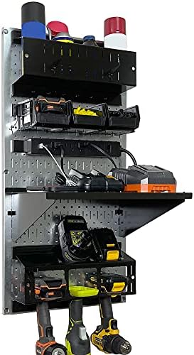 Wall Control Power Tool Storage Organizer Kit Cordless Drill Holder Charging Station Rack 16” x 32” Metal Pegboard Organization System (Metallic Pegboard) by Wall+Control