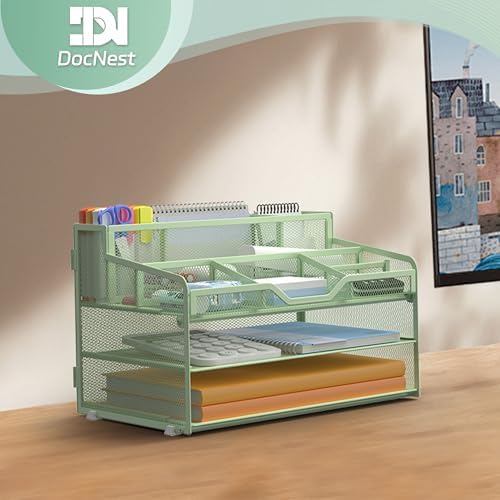 Docnest 3 Tier Mesh Desk Organizer with Letter Tray & Paper Sorter, Green - Image 6