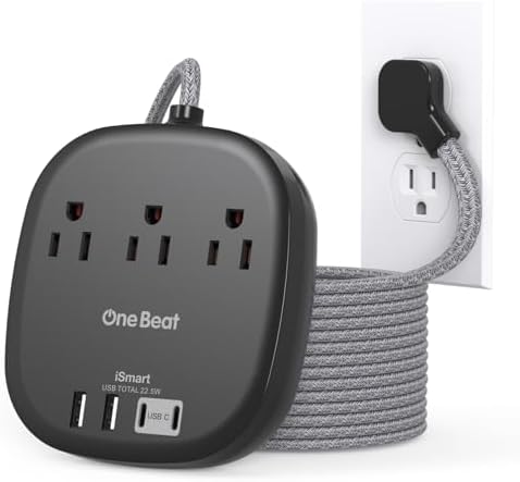 10 Ft Long Extension Cord, 22.5W/4.5A Flat Plug Power Strip, Black by OneBeat