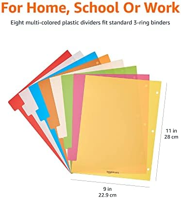 Amazon Basics 8-Tab Plastic Binder Dividers with Multicolor Tab Labels for 3 Ring Binder, Durable, 3-Hole Punched, for School, Office and Home Organization, Letter Size, Assorted Colors, 6-Pack - Image 6