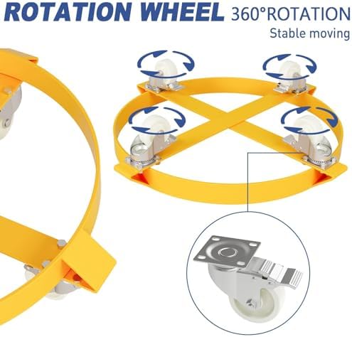 55 Gallon Drum Dolly, 1000 Lbs Heavy Duty Barrel Dolly Cart with Steel Frame, 4 Swivel Casters & 2 Locking Wheels, 2 Pack, Yellow - Image 6