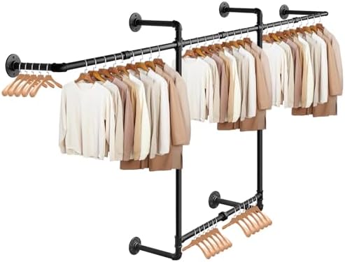 Livabber Industrial Pipe Clothes Rack, Heavy Duty Detachable Iron Garment Rack Wall Mounted, Rustic Saving Space Clothes Bar Multi-Purpose Hanging Rod for Bedroom, Closet, 2 Tier, Black (82 Inch) by Livabber