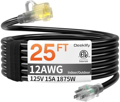 12 Gauge 25 FT Heavy Duty Outdoor Extension Cord Waterproof Black by Deeklify
