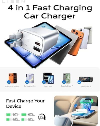 LISEN Retractable Car Charger for iPhone, for iPhone 17 Pro Max 16 15 14 13 12 Plus Mini, Cute 4 in 1 Retractable USB C Car Charger Fast Charge for Women Men, 84W Fast Charging Car Accessorie - Image 6