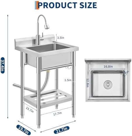 GarveeTech Commercial Stainless Steel Utility Sink with Faucet, Freestanding Laundry Sink with Adjustable Legs, Storage Shelf, Hooks, Backsplash, Hot & Cold Water for Kitchen, Garage, Outdoor, Farm - Image 2