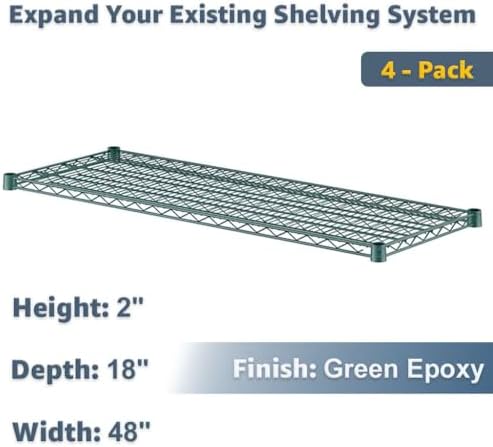 Durable 18" x 48" Green Wire Shelves 4-Pack, 600lb Capacity Commercial Storage Rack Add-On, NSF - Image 2