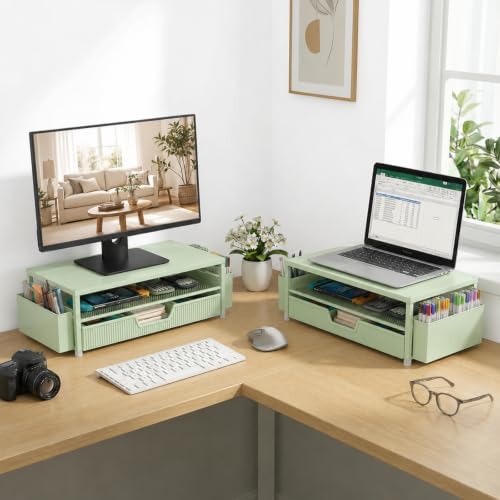 ECOLOVI Desk Organizer and Accessories, 2-Tier Computer Monitor Stand Rise with Storage Drawer & 2 Pen Holders, Laptop & Printer Stand for Desktop, Workspace Organizers for Office Supplies (Sage Green) - Image 4