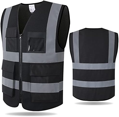 Safety Vest for Men Women with Pockets (KZ170-Black, M) by Kazsaifo