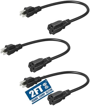 DEWENWILS 2FT Extension Cord, 16/3 SJTW, 13A, ETL Listed, Black, 3 Pack by DEWENWILS