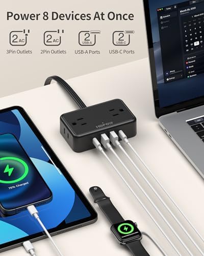 HOPOW Flat Plug Extension Cord, 4AC&2A2C, 6 FT Power Strip for Travel - Image 2