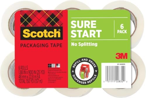 Scotch Sure Start Packing Tape Clear | Quiet Unwind | Easy Start Technology | 1.88 in x 25 yd | 6 Rolls, Pack of 6 by ScotchBrand