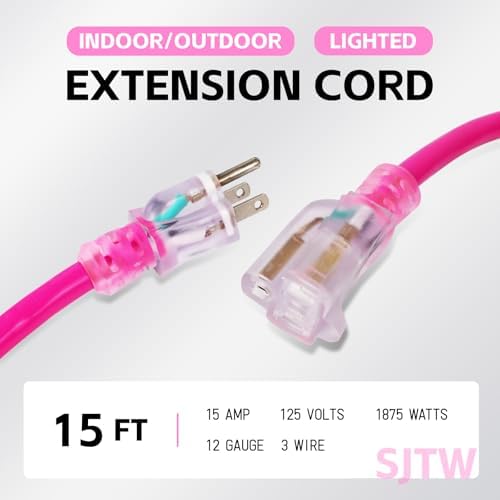 EP 15 Ft 12/3 SJTW Lighted Outdoor Extension Cord, Pink - Image 2
