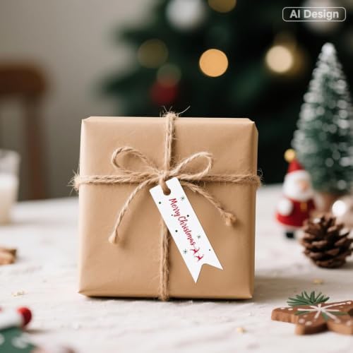 G2PLUS Small Merry Christmas Tags - 100Pcs Deer Xmas Present Tags, 2.8''x0.8'' White Paper Gift Tag with String for Gift Wrapping, Goodies Bags, Christmas Holiday Party Favors - Image 4