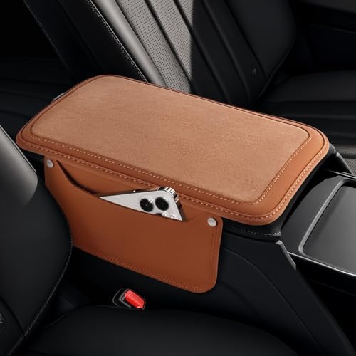 SINGARO Car Leather Center Console Cover with 2 Storage Bags, Universal Furry Fluffy Car Armrest Seat Box Pad, Comfortable Car Interior Accessories, Fits for Most Vehicles (Orange) by SINGARO