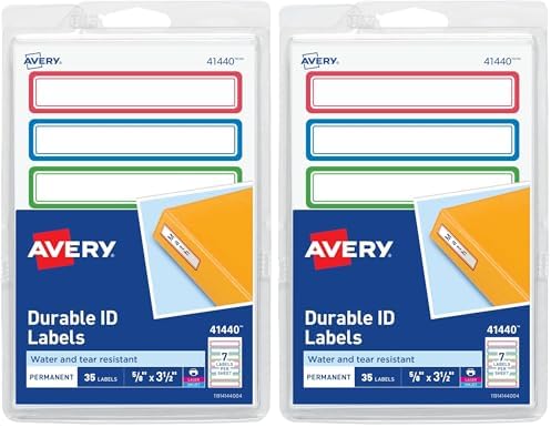 Avery(R) Durable Labels for Kids' Gear, 5/8" x 3-1/2", Assorted Border Colors, Water-Resistant, 35 Rectangle Labels Total (Pack of 2) by Avery