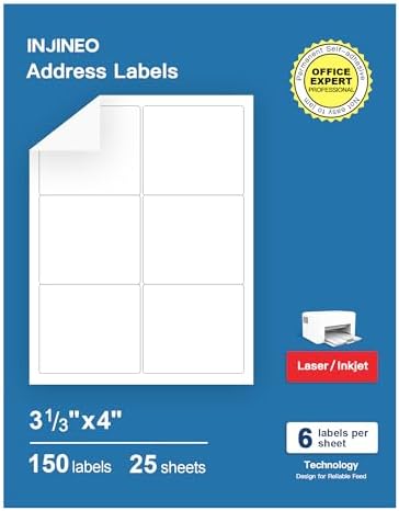 Address Labels, 3-1/3"x4 Shipping Address Labels for Inkjet & Laser Printers, Mailing Labels Compatible with 5164, 5264 and 8164 Labels, Easy to Peel (150 Labels, 25 Sheets) by INJINEO