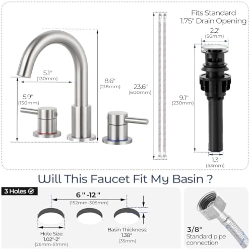 Bathroom Faucet 3 Hole Brushed Nickel, 2-Handle Widespread Faucet - Image 6