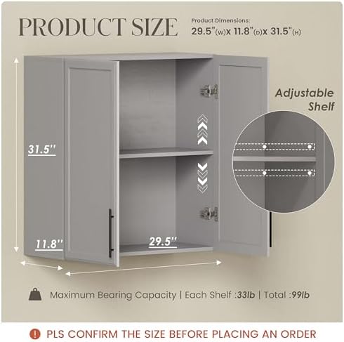 FIMELLO 30" Laundry Room Cabinets Wall Mounted, Wall Cabinets for Laundry Room, Kitchen Wall Cabinet with Adjustable Shelf, Shaker Wall Cabinet for Bathroom, Ashen Gray - Image 2