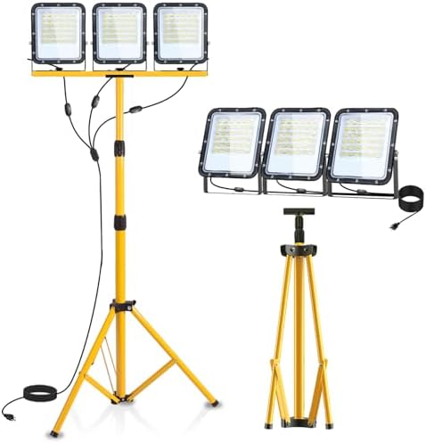 30000Lumen LED Work Lights with Stand, 3 Head Tripod Work Light 16.5FT Power Cord IP65 Waterproof, Portable Telescoping Flood Light for Construction Site Garage Workshop Indoor Outdoor Lighting by zplighting
