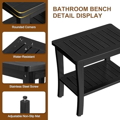 Extra Bamboo Black Shower Bench Stool Waterproof Shower Chair Spa Bath Seat Extra Big Best Hardwood Bathroom Gadgets Seat Father Day Dad Parents Stepdad Christmas Xmas Happy Birthday Gifts Ideal - Image 4