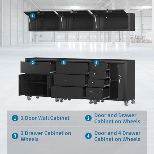 Black Garage Storage Cabinets System 6 PCS Workshop Set with Drawers Locking Heavy Duty Rolling Cart with Adjustable Shelves Garage Tool Workbench Cabinets,6pcs-1 - Image 6