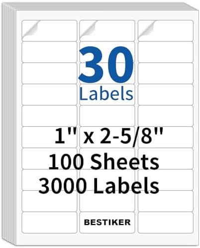 3000 Address Labels, BESTIKER 1” x 2-5/8” Printable Mailing Label for Envelopes, 30up Labels White Stickers for Laser Inkjet Printers, FBA Barcode Label 100 Sheets by BESTIKER