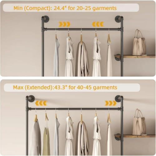 Expandable Industrial Pipe Clothing Rack with LED & Shelves - Image 6