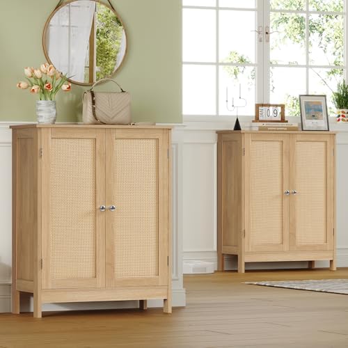 Iwell Storage Cabinet, Rattan Cabinet with Adjustable Shelf, for Living Room, Entryway, Kitchen, Home Office, Nature - Image 4