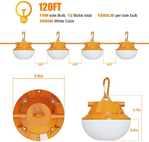 RIUVAO 120FT Construction String Lights 180W String Work Light for Construction Jobsites, 18000Lumen Temporary Construction Work Lighting for Wide Application - Image 2