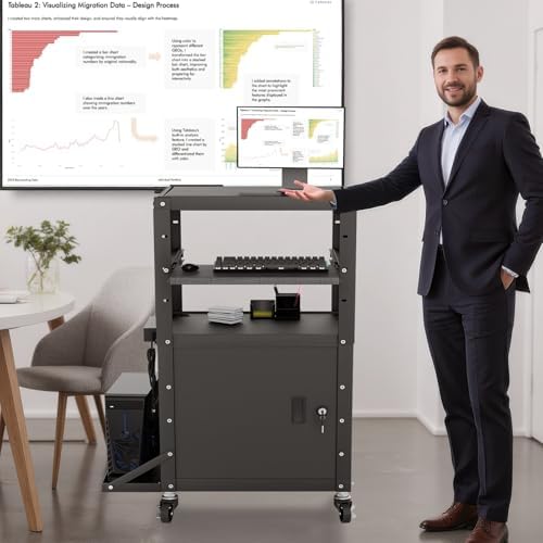 Mobile AV Cart with Side Shelves, Rolling Computer Cart Height Adjustable Rolling Media Utility Cart with Pullout Keyboard Tray Extra Storage Space, 4 Outlets, Perfect for Home or Office Use - Image 3